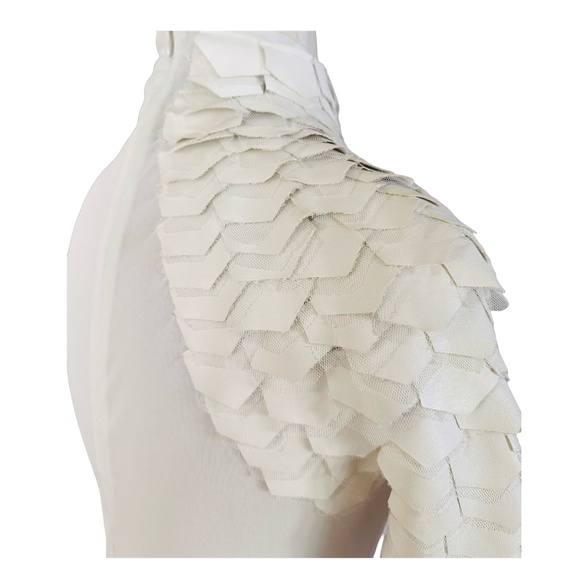 GRACIA Women's White Sheer Turtleneck Top Size S Faux Leather Scale Sleeve - Picture 6 of 10